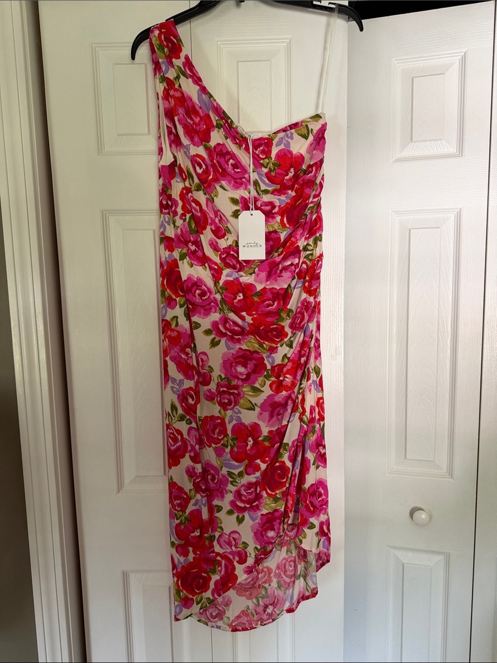 One-Shoulder Floral Midi Dress in Pink & Red by Unknown Brand
